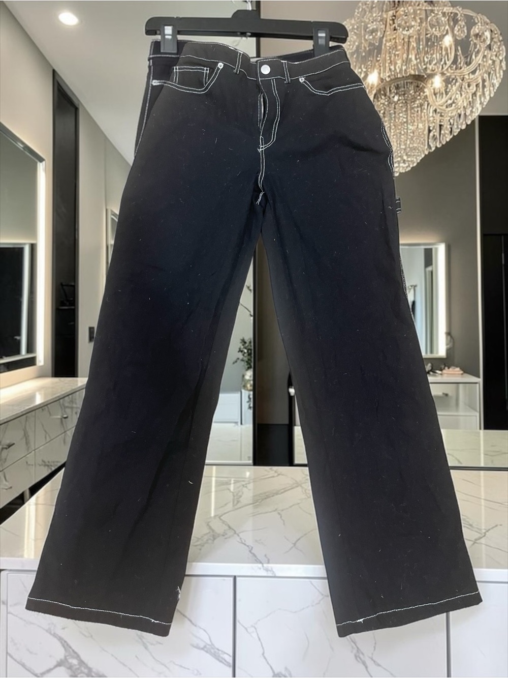 Black Wide Leg Denim Jeans Contrast Stitching Baggy Skater Y2K 90’s Style Size S